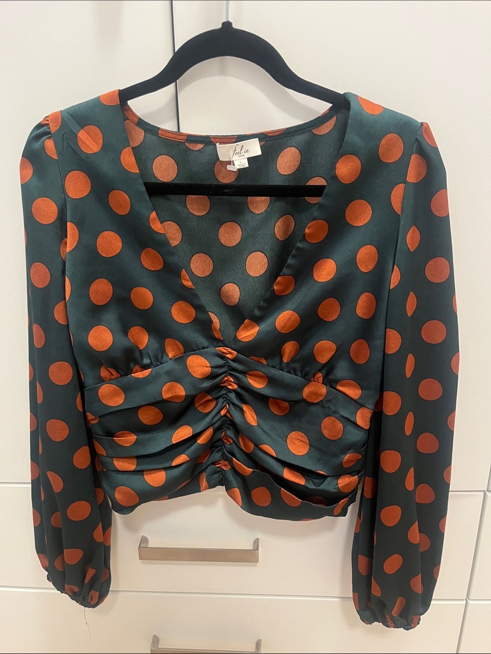 Green Satin Polka Dot Ruched Long-Sleeve Top - Green/Orange